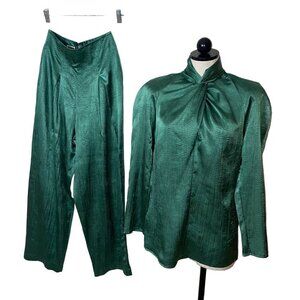 Jeanne Marc Vintage Womens Top & Pants Set Size XS Green Satin Fabric Polyester